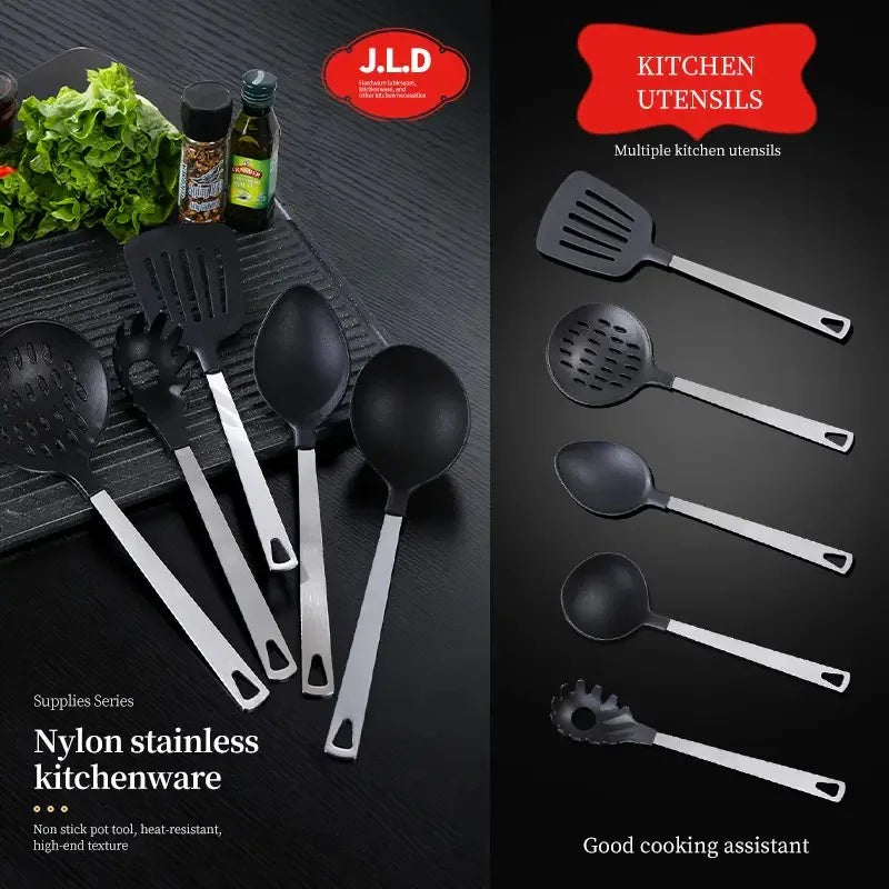 Cooking Utensil Set Premium 5 Piece Kitchen Utensil Set - Stainless Steel Handle And Nylon Faucet, Non-Stick, Heat Resistant, For Home, Kitchen Gift