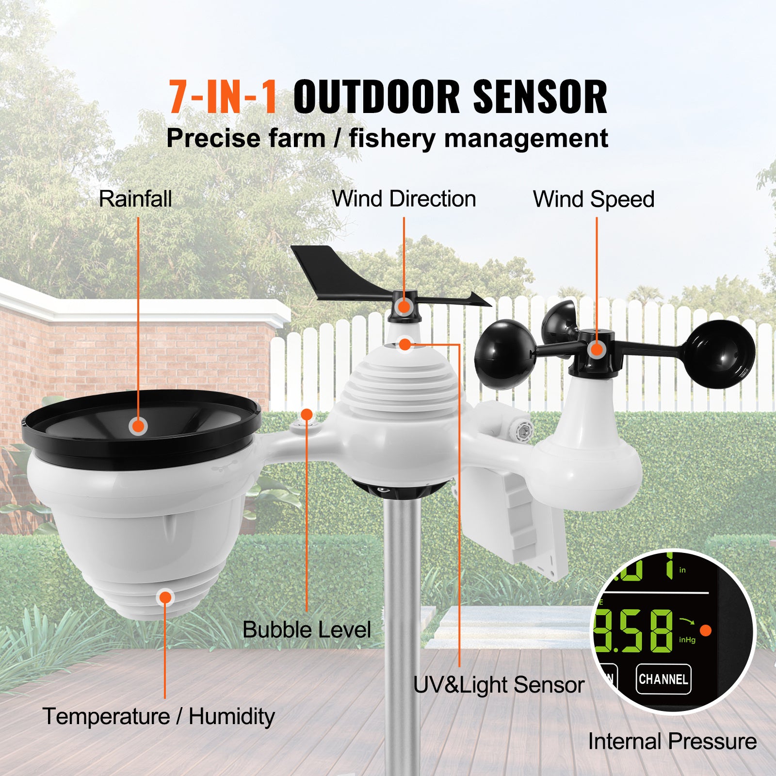 VEVOR 7in1 WiFi Weather Station, 7.5 In Color Display, Home Weather Station Indoor Outdoor, With Solar Wireless Outdoor Sensor Alarm Alerts, For Temperature Humidity Wind Speed Direction Rain - Outdoor Chilling