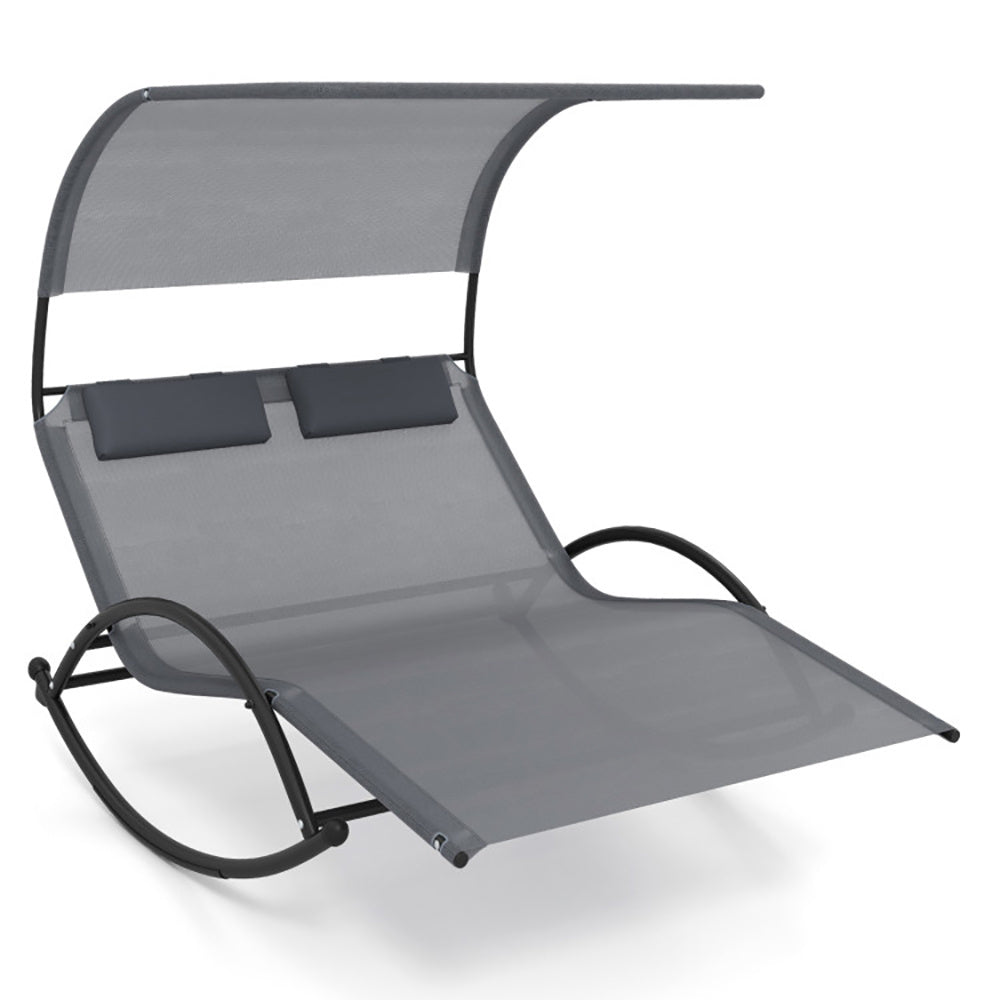 Outdoor Dual Rocker Sunbed 2-Person Canopied Patio Lounger With Detachable Headrests - Outdoor Chilling