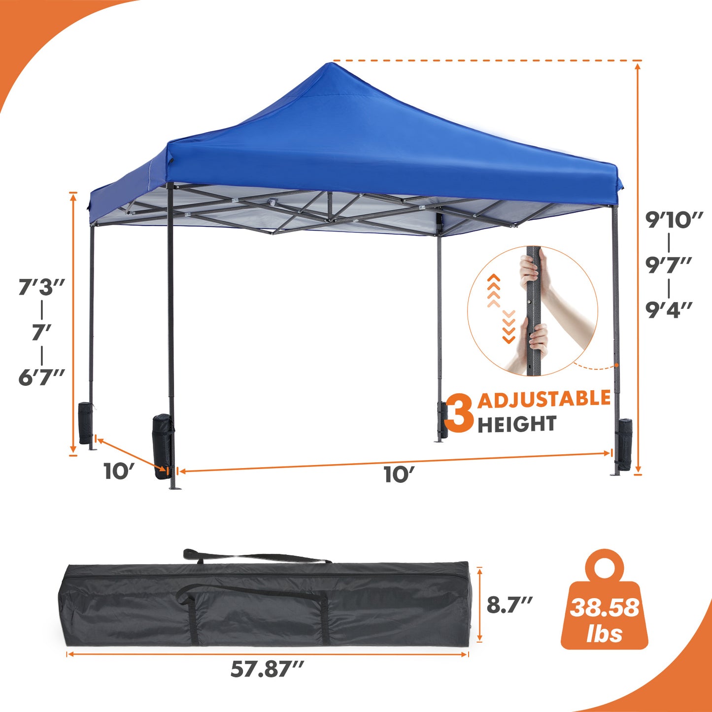 10 X 10ft  Up Canopy Tent Easy Setup Outdoor Shade Instant Portable Sun Shelter Canopy Tent For Parties Camping Beach