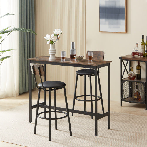 Bar Table Set With 2 Bar Stools PU Soft Seat With Backrest, Rustic Brown