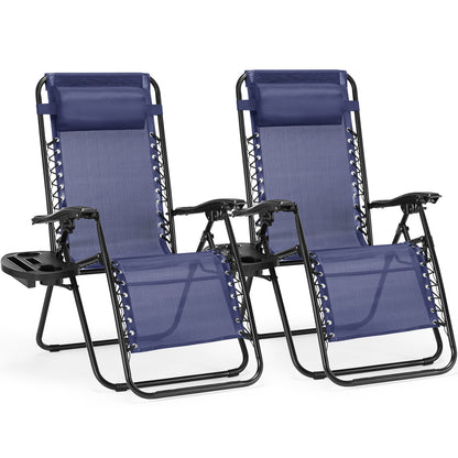 Set Of 2 Zero Cravity Lounge Chairs,Outdoor Patio Folding Recliners For Pool Beach With Pillow And Cup Holder