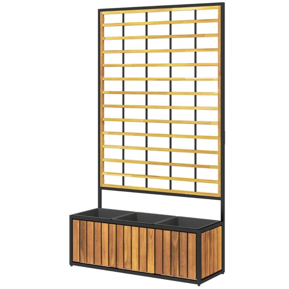 Wooden Raised Garden Bed With Trellis, Removable Pots For Backyard-Teak