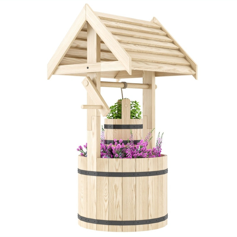 Wood Wishing Well For Outside With Hanging Bucket, Wishing Well Planter With Drain Hole For Garden Patio, Natural - Outdoor Chilling