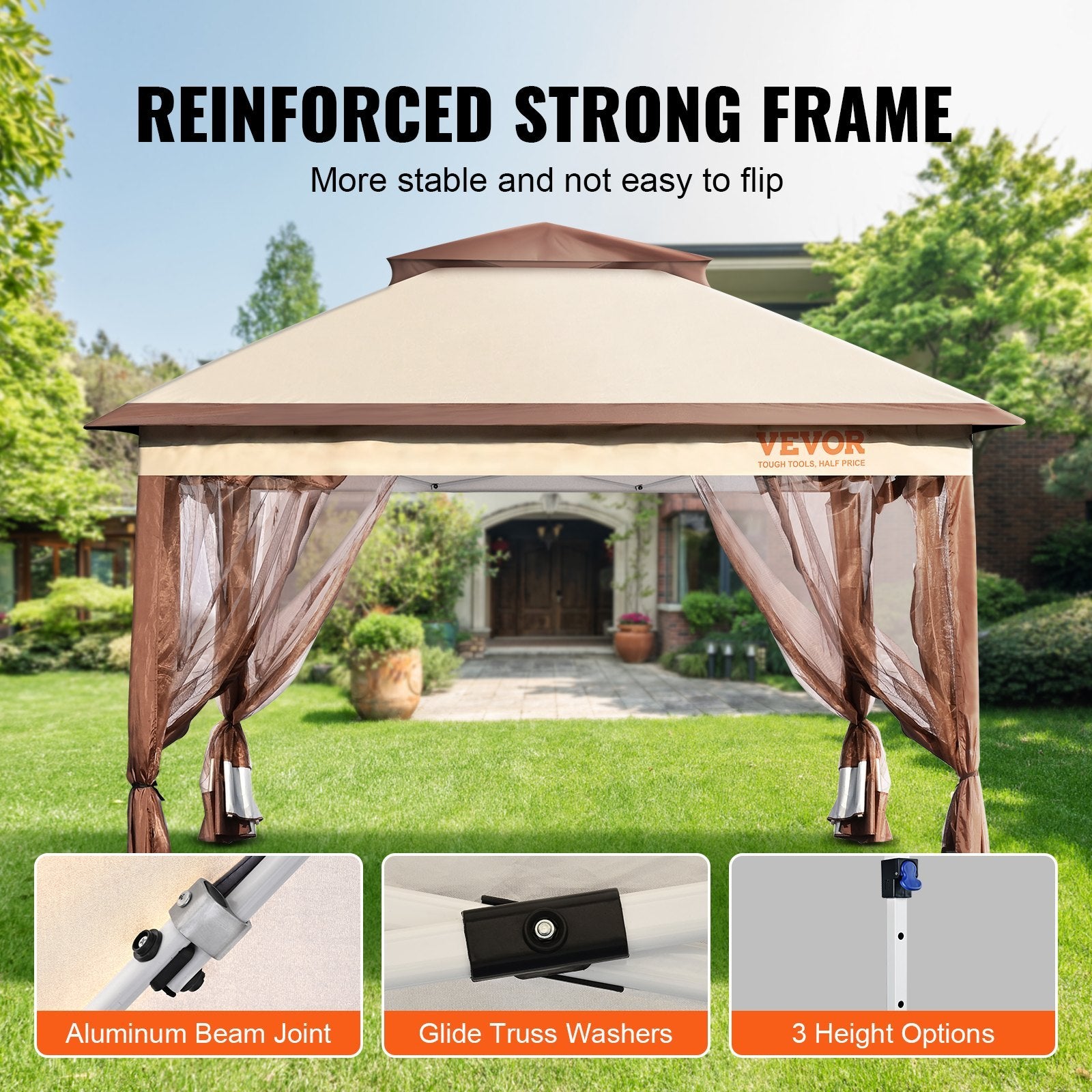 VEVOR Patio Gazebo, 11 X 11 FT Pop Up Gazebo For 8-10 Person, With Mosquito Netting, Metal Frame, And PU Coated 250D Oxford Cloth, Outdoor Canopy Shelter For Patio, Backyard, Lawn, Garden, Deck