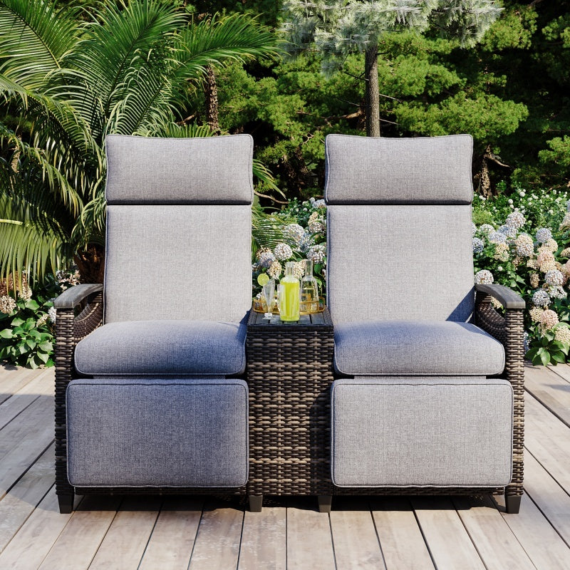 Terrace Lounge Chair Double Sofa, Adjustable Backrest Willow Outdoor Leisure Chair Set, Equipped With Acacia Wood Armrests And Built-in Storage Table, Gray.