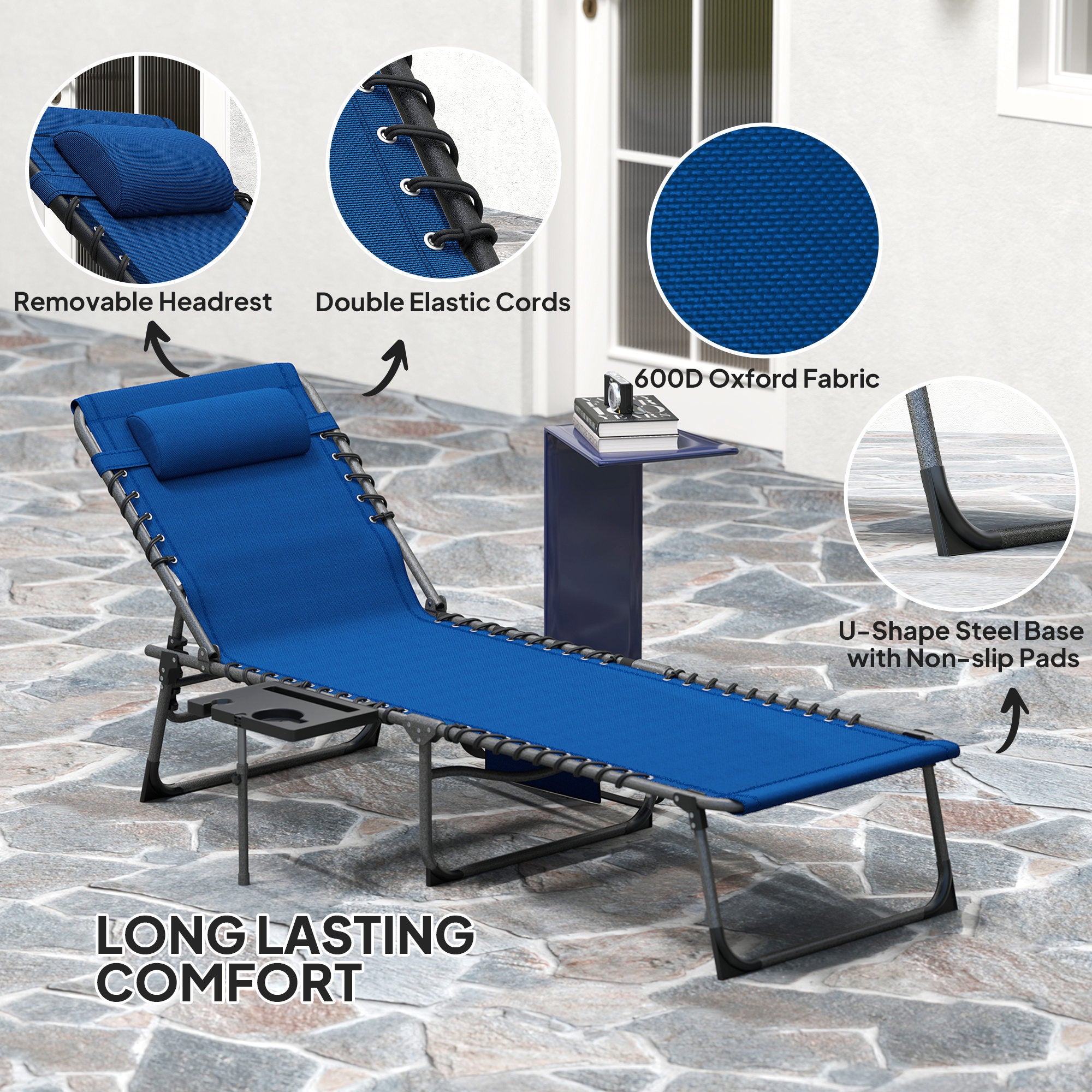 Folding Outdoor Chaise Lounge Chair Tanning Chair With 5-Level Adjustable Back, Side Table, Pillow, Pocket, Dark Blue