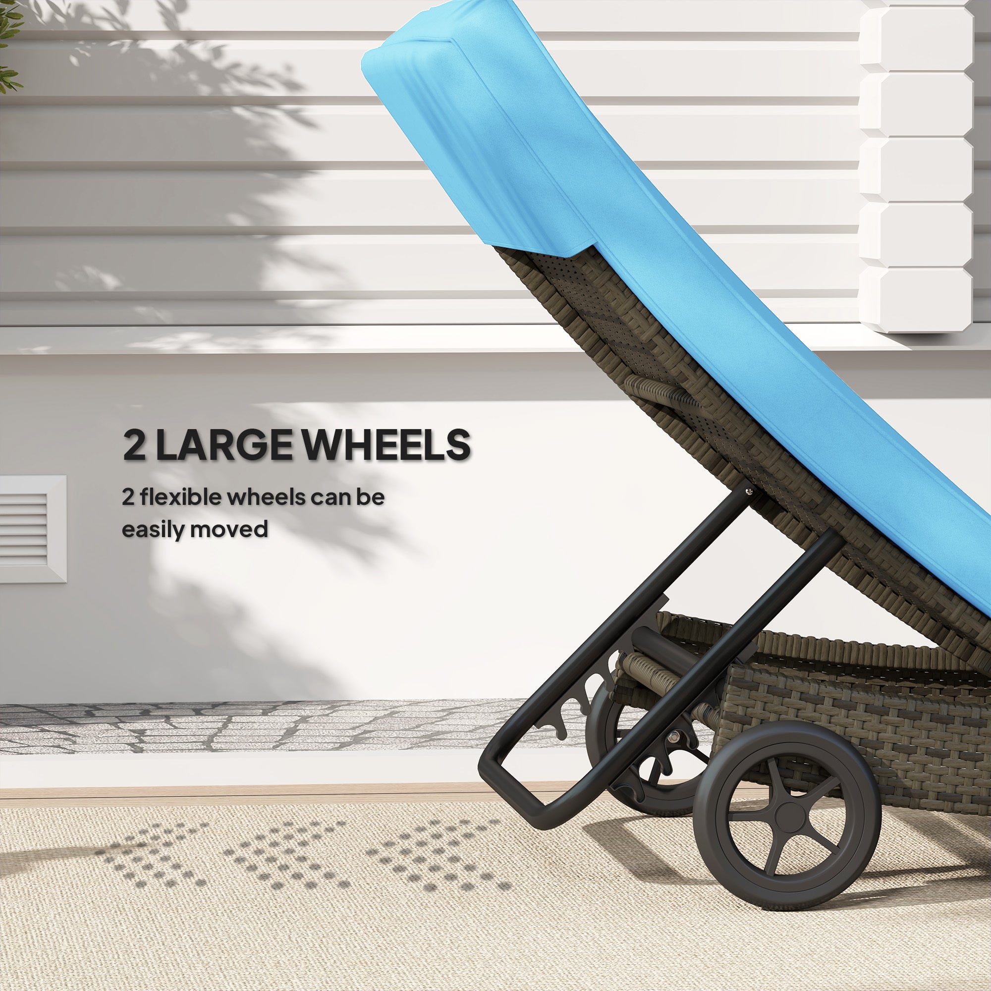 Patio Wicker Chaise Lounge Chair, Outdoor PE Rattan Sun Lounger With Adjustable Backrest And 2 Wheels, Sky Blue