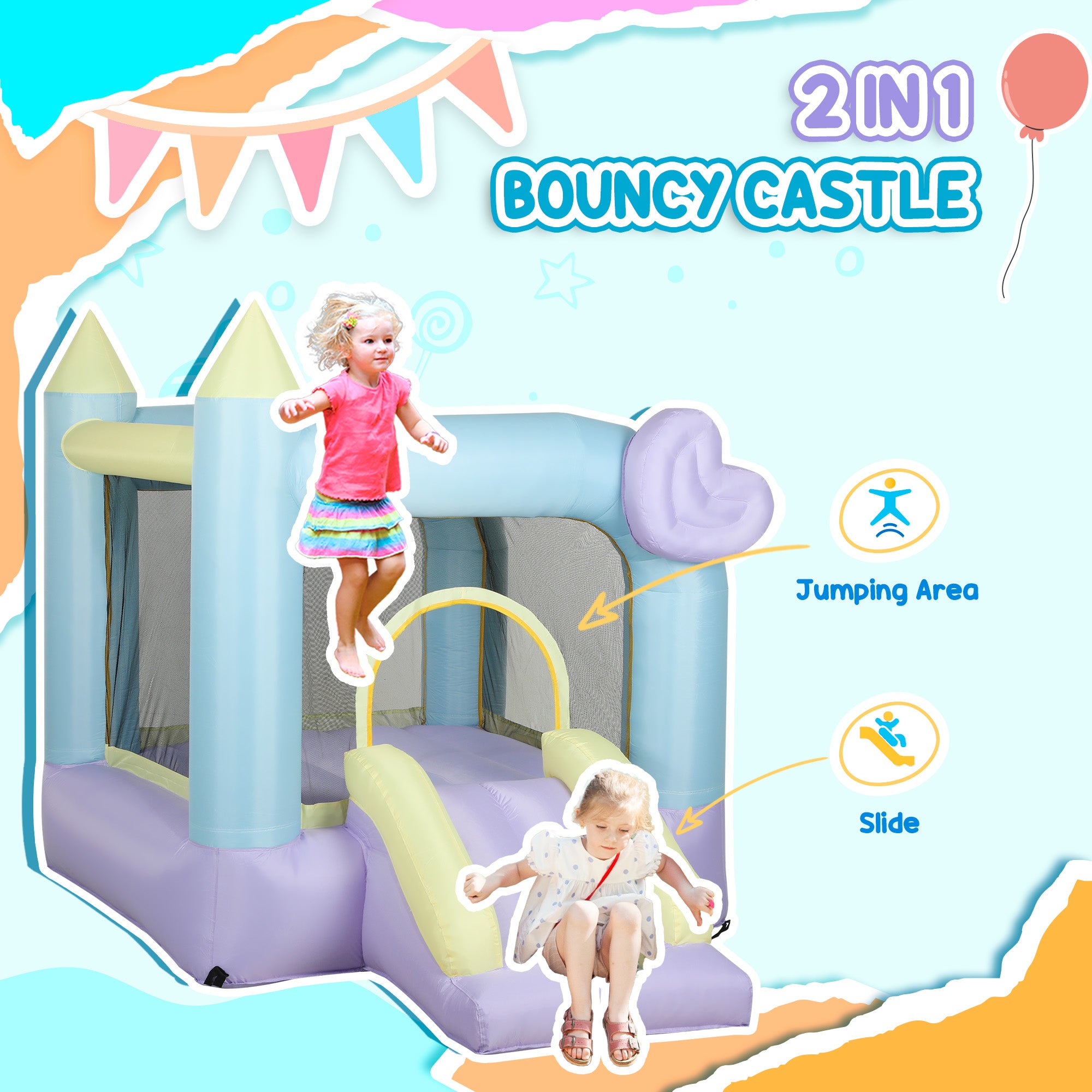Inflatable Bounce House With Air Blower, Slide, Stakes, Repair Patches, Storage Bag, For Kids Ages 3-8, 98 X 65 X 79