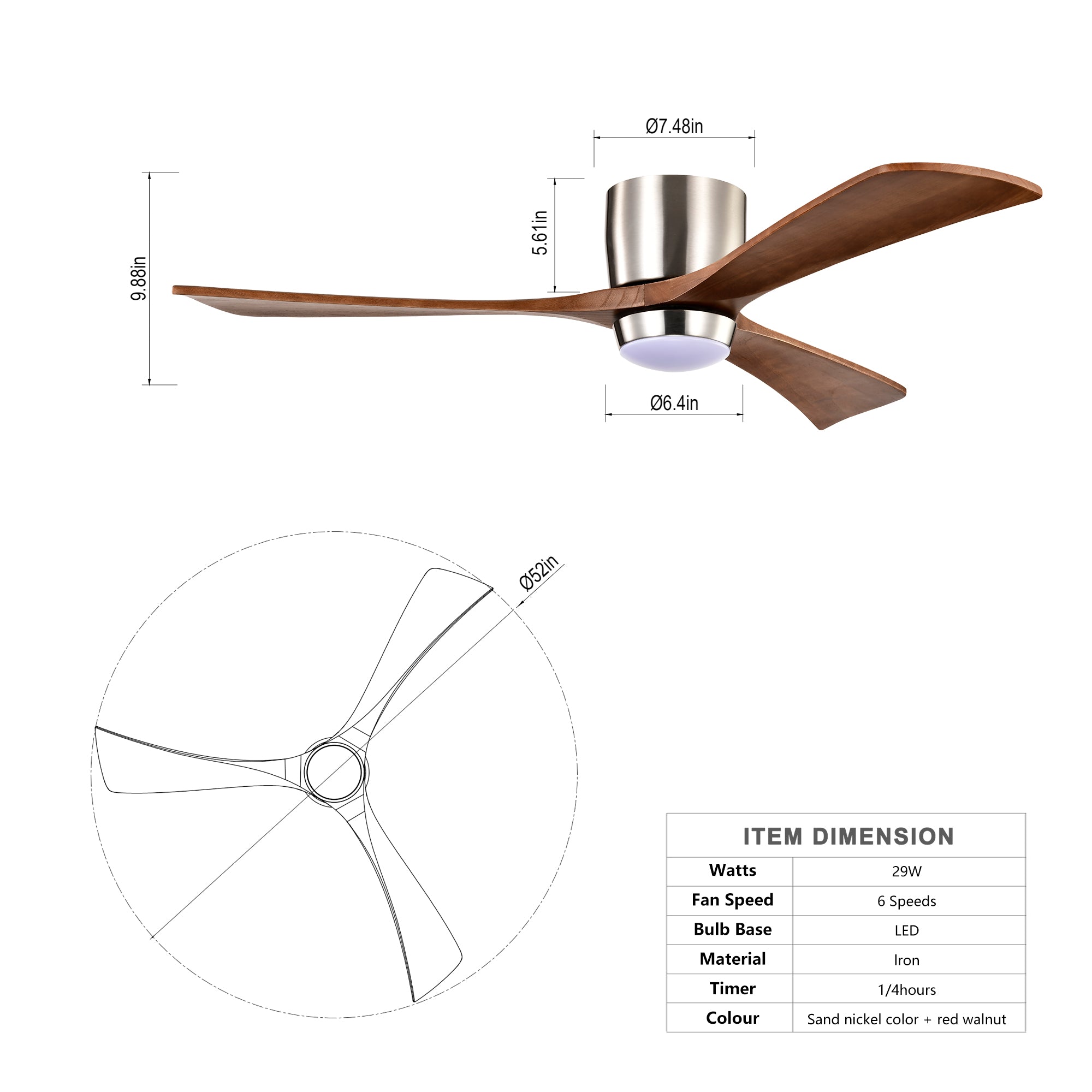 Ceiling Fan With Lights Remote Control, Quiet DC Motor 3 Wood Blade Ceiling Fans 6 Speed Levels, Reversible Ceiling Fan, For Patio Living Room, Bedroom, Office, Indoor. Stain Nickel Walnut