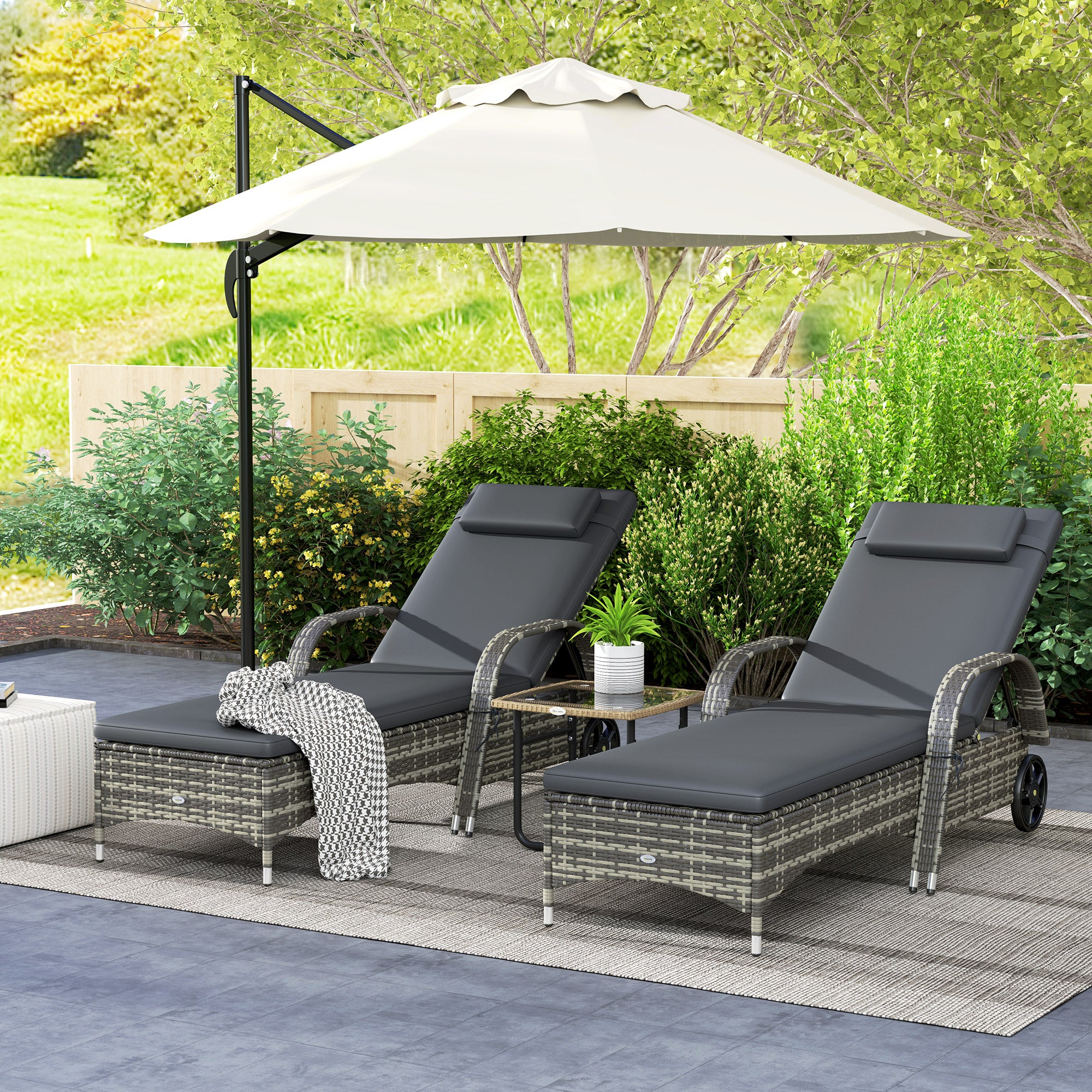 2 Reclining Chaise Lounge Chairs, Rolling Outdoor Chairs With Cushion, Pillow, Headrest, Armrests, And Wheels, Gray
