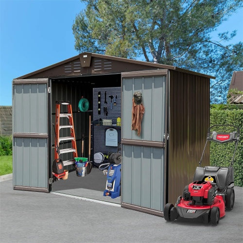 Outdoor Storage Shed 8.2' X 6.2', Metal Steel Utility Tool Shed Storage House With Double Lockable Doors &Air Vents For Backyard Patio Garden Lawn Brown