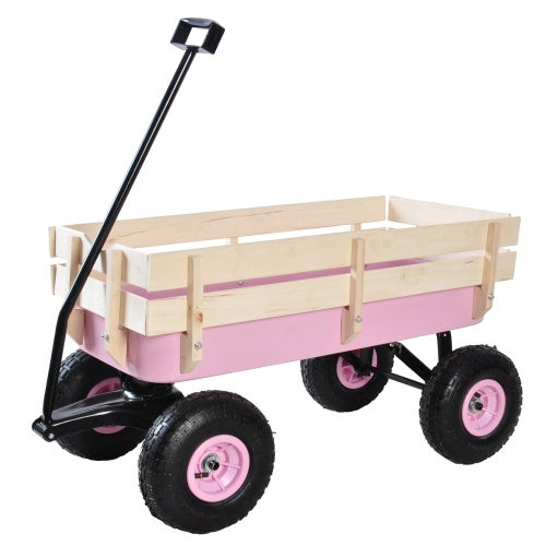 Outdoor Wagon All Terrain Pulling Wood Railing Air Tires Garden Cart