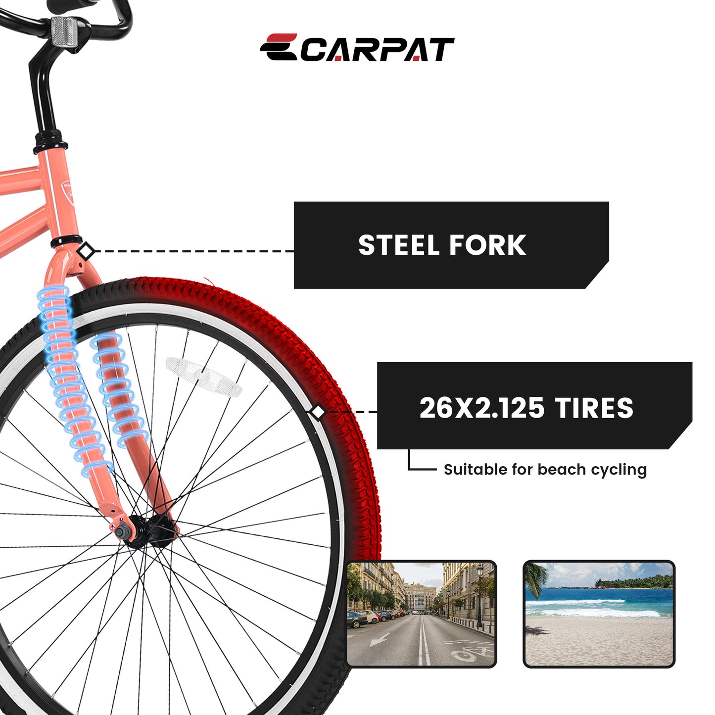 S26204 26 Inch Beach Cruiser Bike For Men And Women, Steel Frame, Single Speed Drivetrain, Upright Comfortable Rides, Multiple Colors - Outdoor Chilling