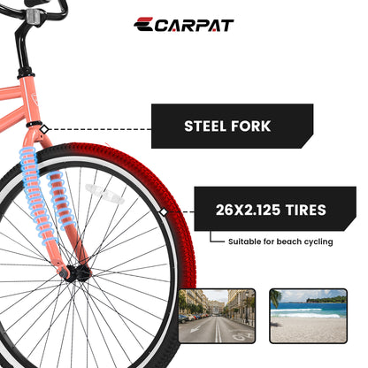 S26204 26 Inch Beach Cruiser Bike For Men And Women, Steel Frame, Single Speed Drivetrain, Upright Comfortable Rides, Multiple Colors - Outdoor Chilling