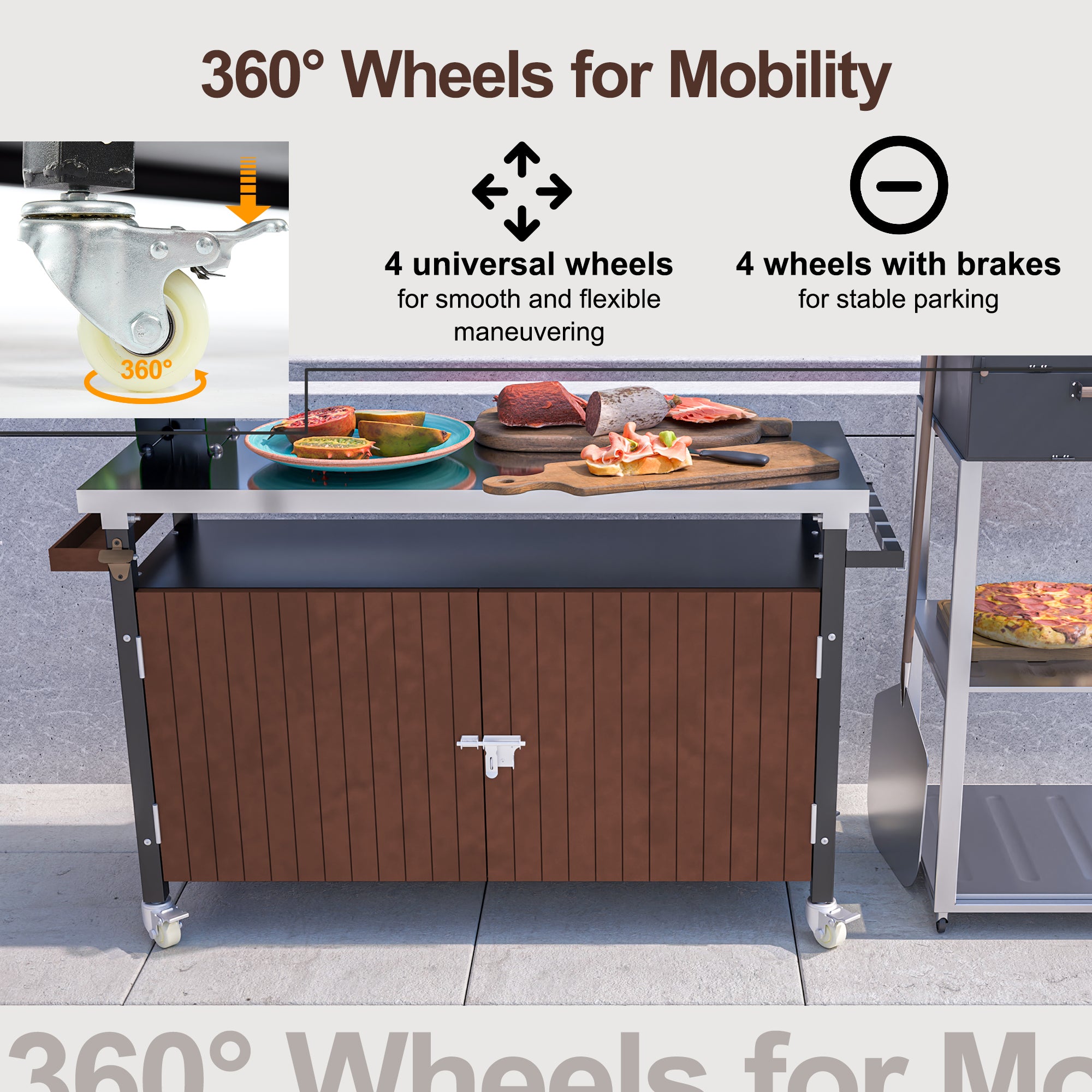 Outdoor Grill Cart With Stainless Steel Tabletop, Storage, Patio Kitchen Island With Wheels, Hooks, And Spice Rack, Waterproof Outdoor Grill Table, Movable BBQ Serving Cart Rolling Bar Cart