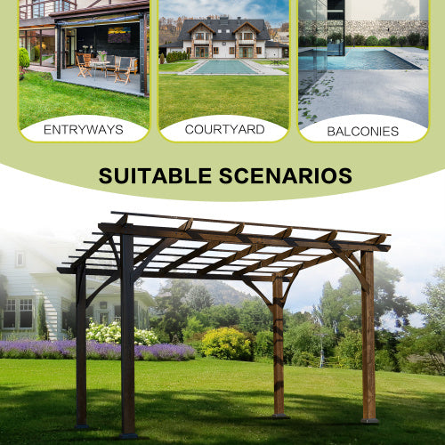 12' X 10' Outdoor Pergola, Wood Grape Gazebo For Climbing Plant Support, Garden, Patio, Backyard, Deck, Brown