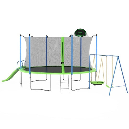 12FT Trampoline With Slide And Swings, ASTM Approved Large Recreational Trampoline With Basketball Hoop And Ladder, Outdoor Backyard Trampoline With Net, Capacity For Kids And Adults