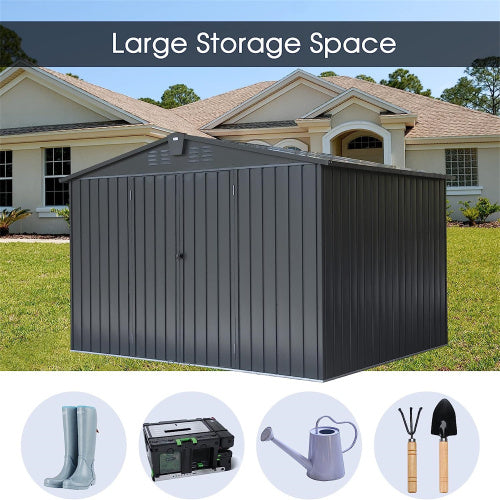 Outdoor Storage Shed 10'x 8, Metal Garden Shed For Bike, Trash Can, Tools, Galvanized Steel Outdoor Storage Cabinet With Lockable Door For Backyard, Patio, Lawn  10x8ft, Dark Gray
