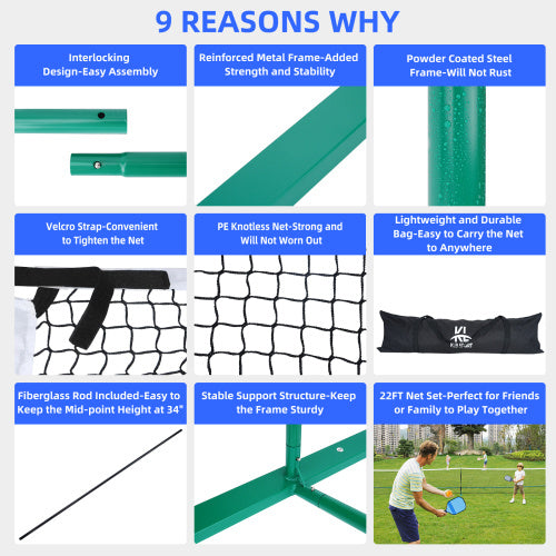 22 FT Pickleball Net, Steady Metal Frame, Easy Setup For All-Weather Resistant Play In Backyards, Outdoor Indoor Driveways And Garages