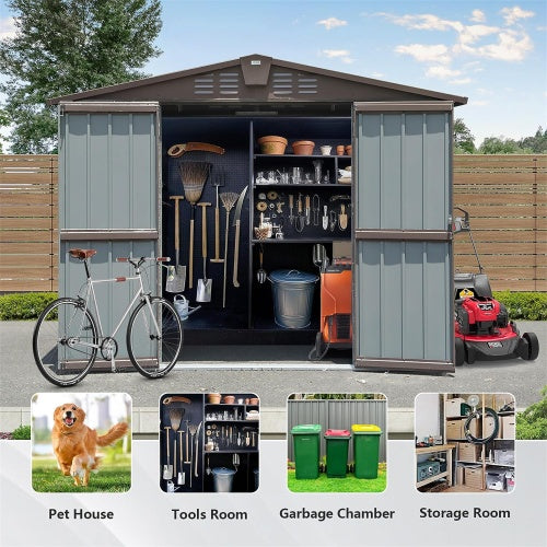 Outdoor Storage Shed 8.2' X 6.2', Metal Steel Utility Tool Shed Storage House With Double Lockable Doors &Air Vents For Backyard Patio Garden Lawn Brown