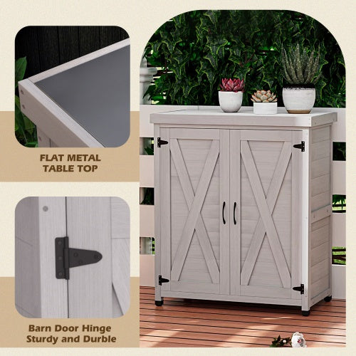 Potted Stool With Locker And Metal Tabletop For Outdoor Patio, Outdoor Workstation Table