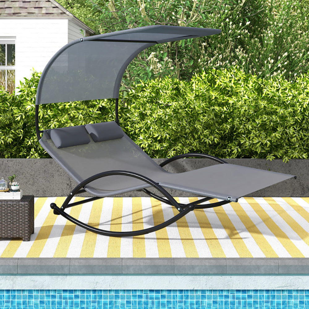 Outdoor Dual Rocker Sunbed 2-Person Canopied Patio Lounger With Detachable Headrests - Outdoor Chilling