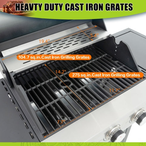 Propane Grill 3 Burner Barbecue Grill Stainless Steel Gas Grill With Side Burner, 37,000 BTU Outdoor Cooking, Patio, Garden Barbecue Grill, Black And Silver