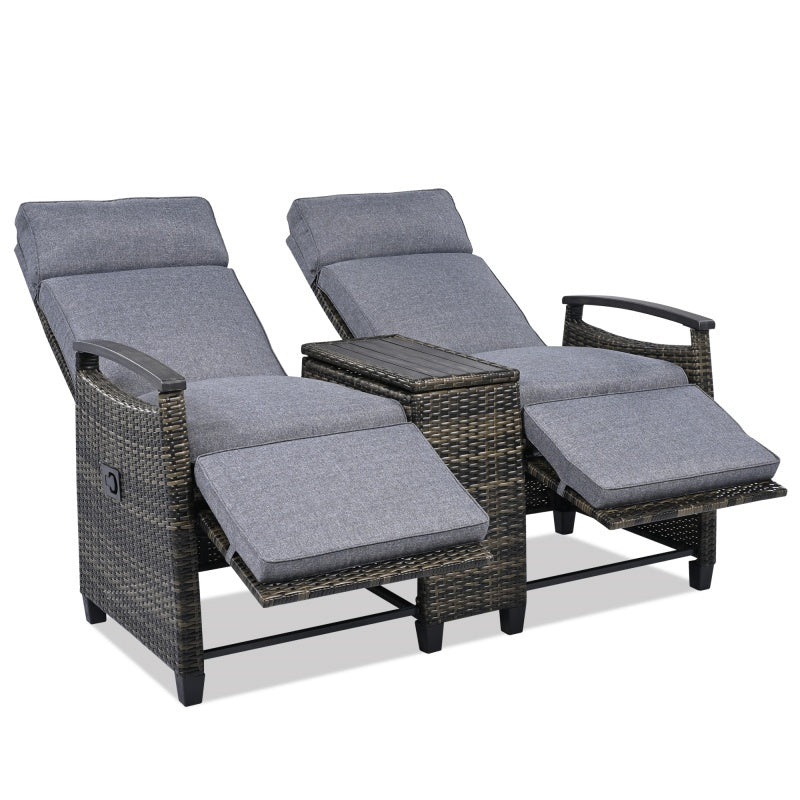 Terrace Lounge Chair Double Sofa, Adjustable Backrest Willow Outdoor Leisure Chair Set, Equipped With Acacia Wood Armrests And Built-in Storage Table, Gray.
