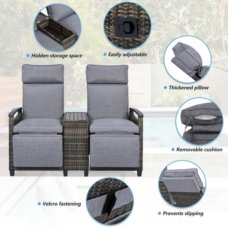 Terrace Lounge Chair Double Sofa, Adjustable Backrest Willow Outdoor Leisure Chair Set, Equipped With Acacia Wood Armrests And Built-in Storage Table, Gray.