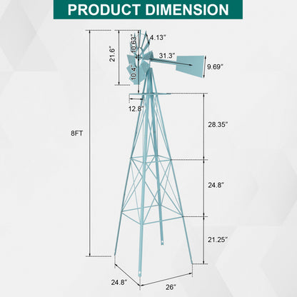 8ft Light Blue Ribbon Wind Vane, 4-pod Standing Iron Windmill
