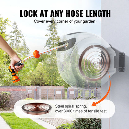 VEVOR Retractable Hose Reel Water Hose Reel Swivel Wall-Mounted,Garden Water Hose Reel With 9-Pattern Nozzle,Automatic Rewind, Lock At Any Length, With Slow Return System