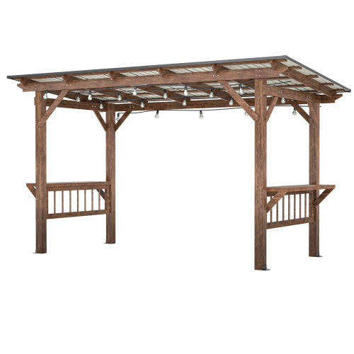 13' X 6.5' Wooden Pergola Grill Gazebo With Metal Roof & Bulbs & Bar Counters