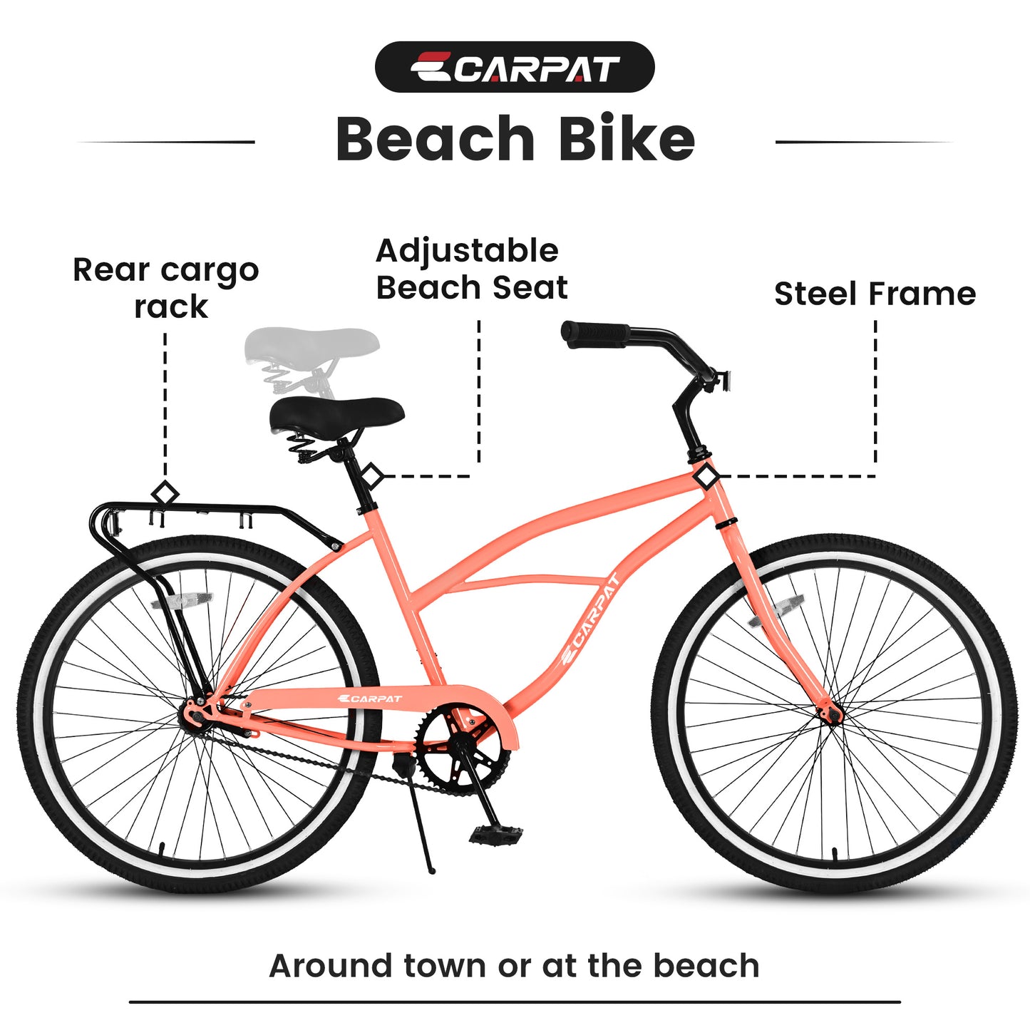 S26204 26 Inch Beach Cruiser Bike For Men And Women, Steel Frame, Single Speed Drivetrain, Upright Comfortable Rides, Multiple Colors - Outdoor Chilling