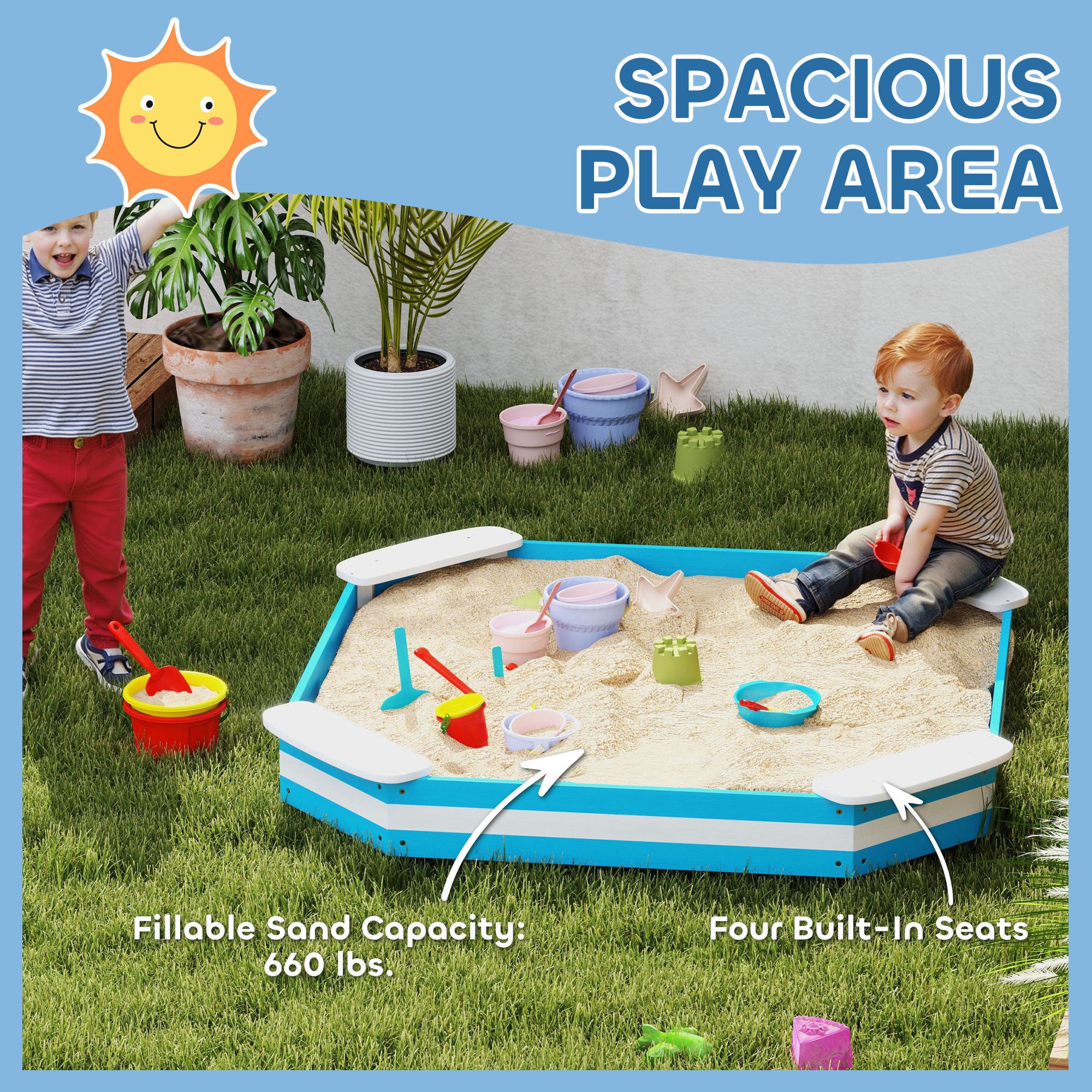 Kids Sandbox With 4 Corner Seats, Bottom Liner For Backyard, Garden, Outdoor, 52 X 52 X 6, Blue