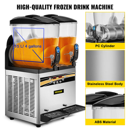 VEVOR Margarita Machine, 15Lx2 Tank Commercial Slushy Machine, Slushie Machine Commercial Margarita Maker, Smoothie Drink Maker For Supermarkets Cafes Restaurants Bars Home Use