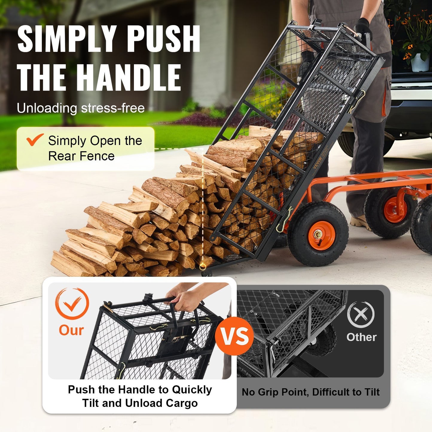 VEVOR Dump Cart, Metal Garden Dump Cart With Easy To Assemble Frame, Dump Wagon With 2-in-1 Convertible Handle, Utility Wheelbarrow 400 Lbs Capacity, 10 Inch Tires - Outdoor Chilling