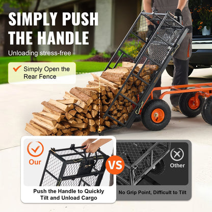 VEVOR Dump Cart, Metal Garden Dump Cart With Easy To Assemble Frame, Dump Wagon With 2-in-1 Convertible Handle, Utility Wheelbarrow 400 Lbs Capacity, 10 Inch Tires - Outdoor Chilling