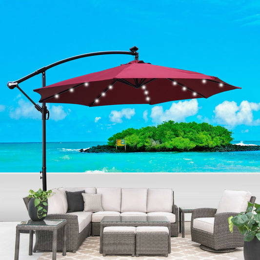 10ft Outdoor Patio Umbrella Solar Powered LED Lighted Sun Shade Market Waterproof 8 Ribs Umbrella with Crank and Cross Base for Garden Deck Backyard