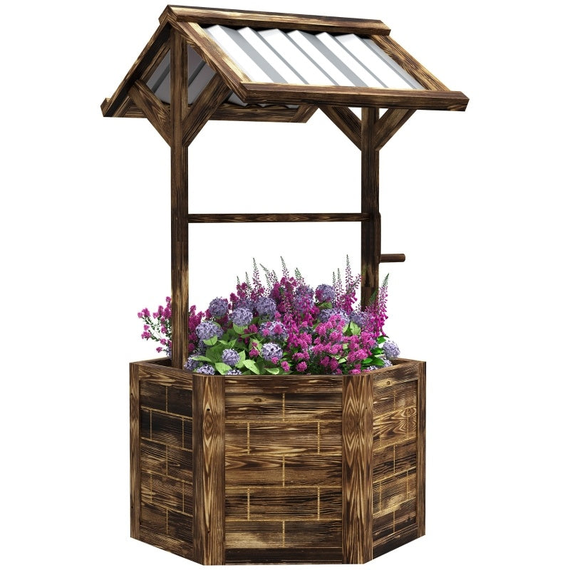 Wooden Wishing Well Planter, Raised Garden Bed With Galvanized Canopy-Tan - Outdoor Chilling
