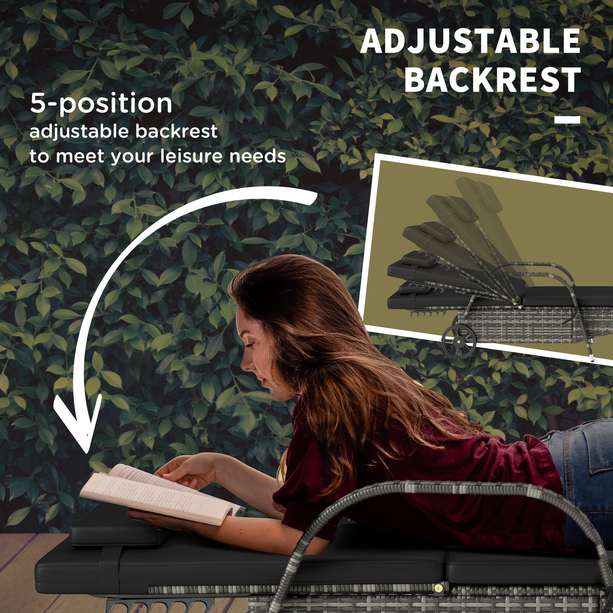 2 Reclining Chaise Lounge Chairs, Rolling Outdoor Chairs With Cushion, Pillow, Headrest, Armrests, And Wheels, Black