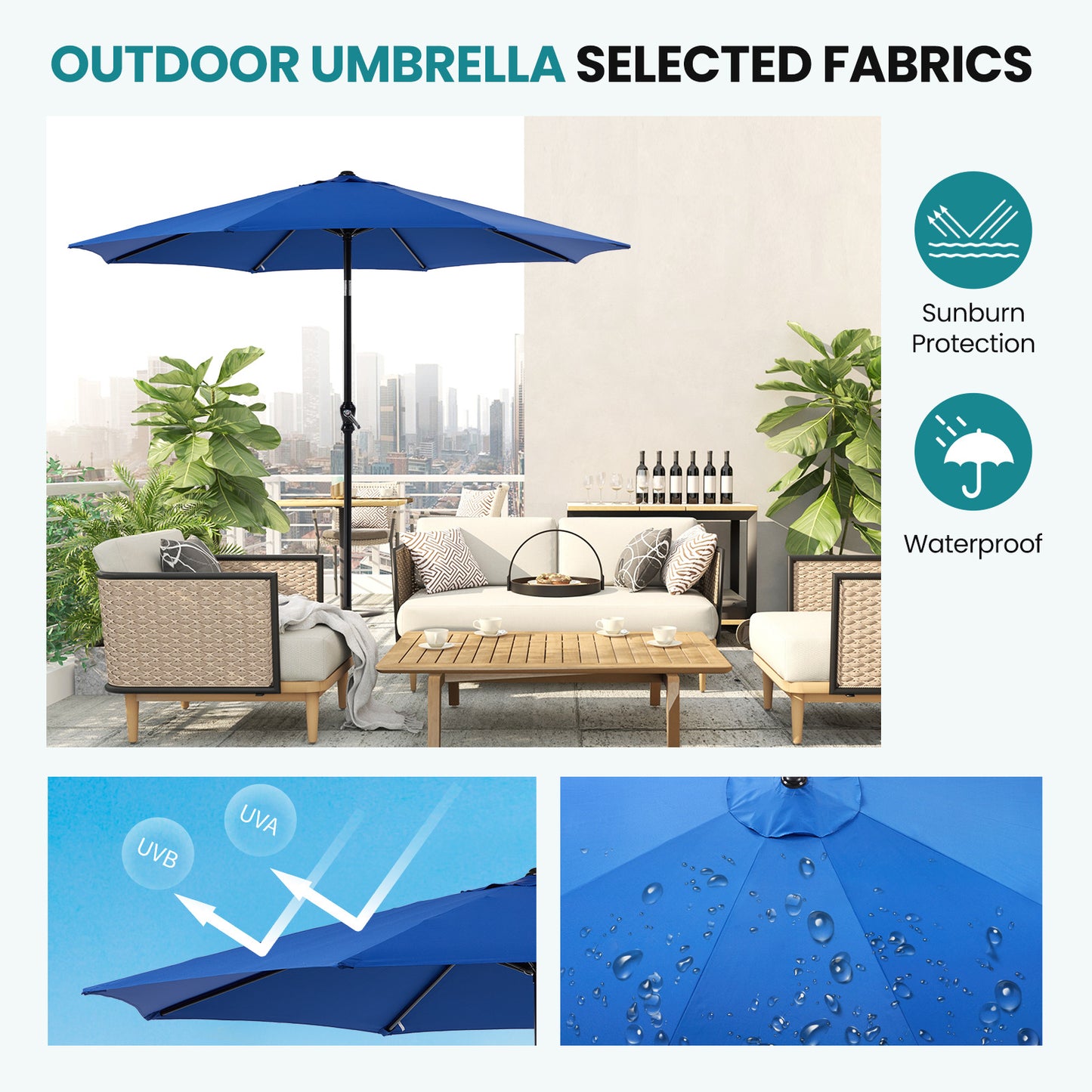 Outdoor Patio Umbrella With Push Button Tilt And Crank, Market Umbrella 8 Sturdy Ribs UV Protection Waterproof For Garden, Backyard, Red