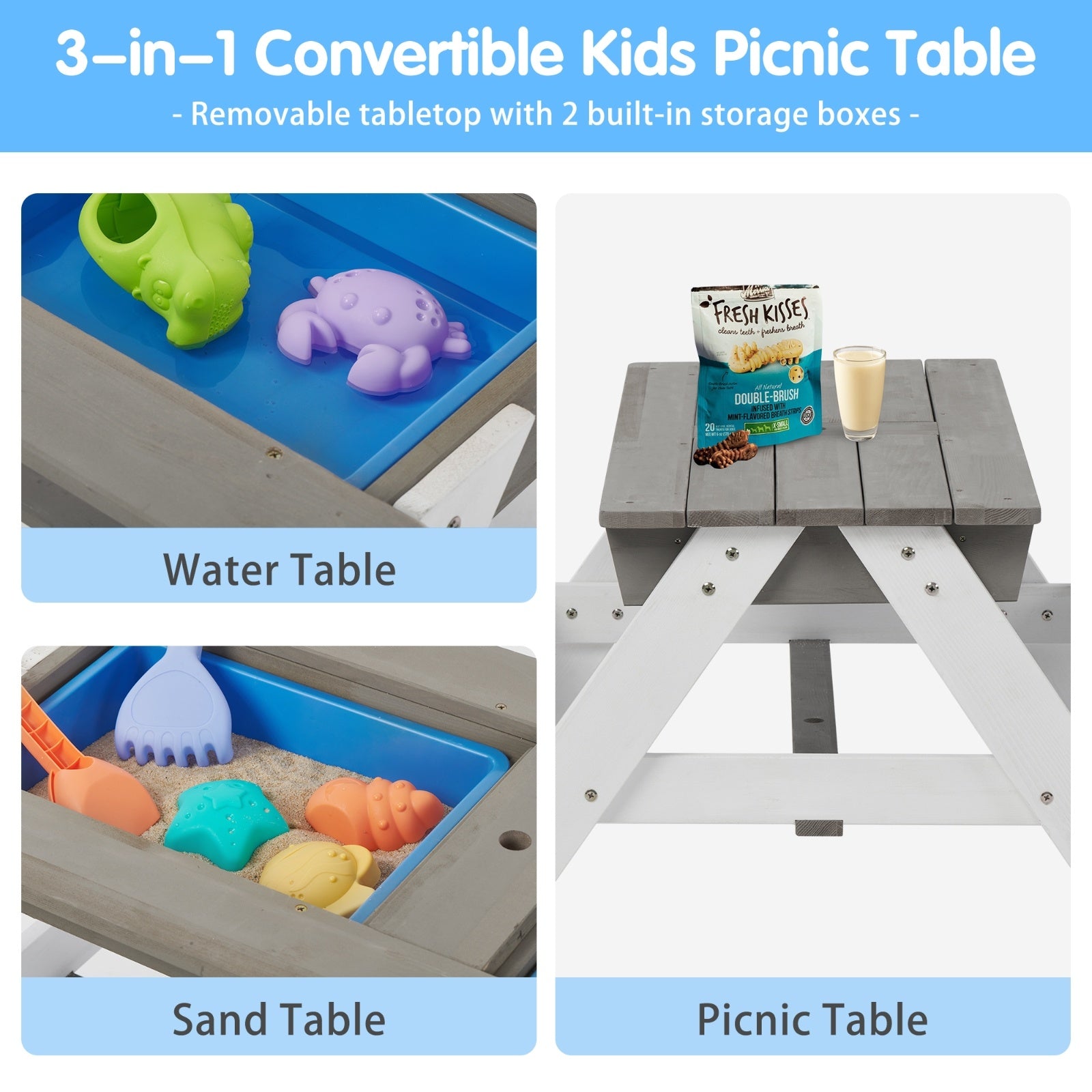 3-in-1 Kids Outdoor Wooden Picnic Table With Umbrella, Sand & Water, Gray ASTM