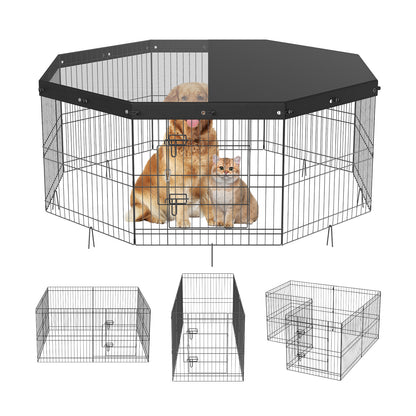 VEVOR Dog Playpen, 8 Panels Foldable Metal Dog Exercise Pen With Top Cover, 24inch H Pet Fence Puppy Crate Kennel With Ground Stakes, Indoor Outdoor Dog Pen For Small Medium Pets, For Camping, Yard