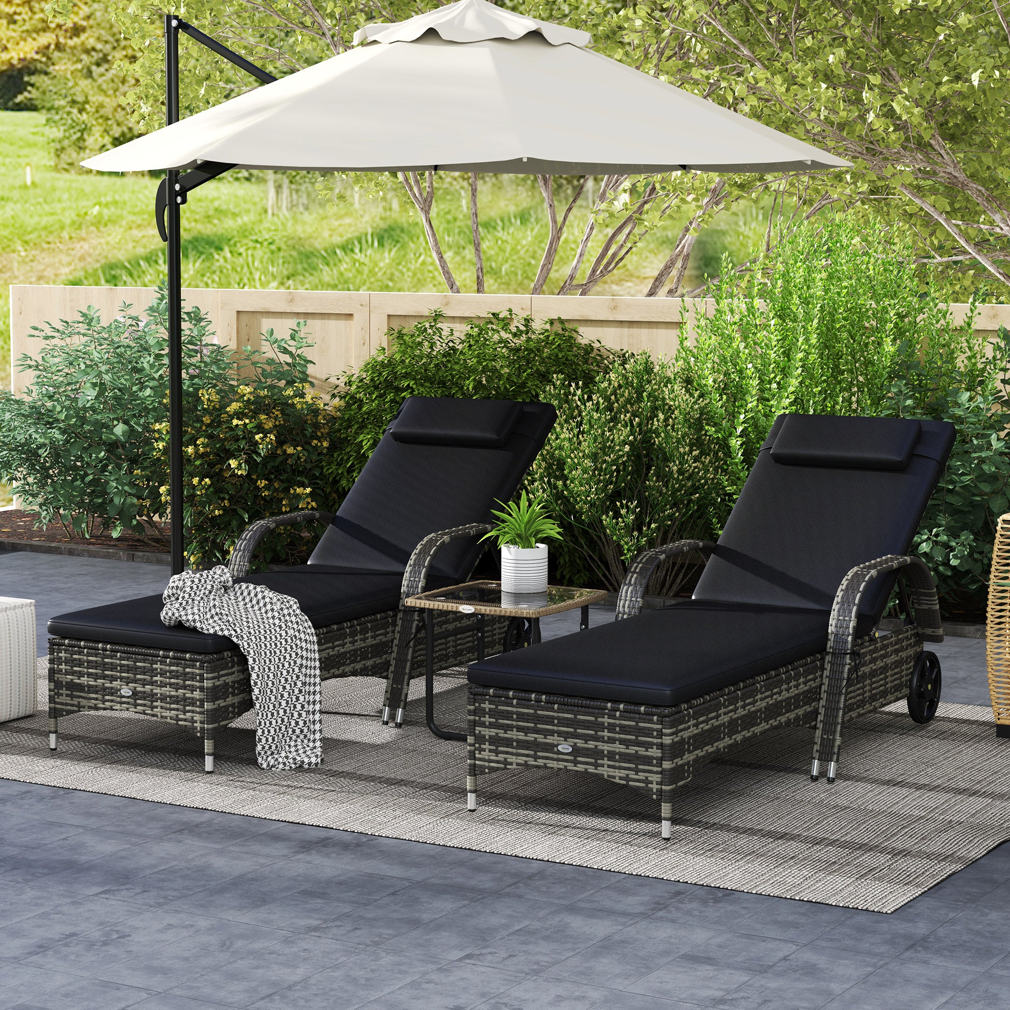 2 Reclining Chaise Lounge Chairs, Rolling Outdoor Chairs With Cushion, Pillow, Headrest, Armrests, And Wheels, Black