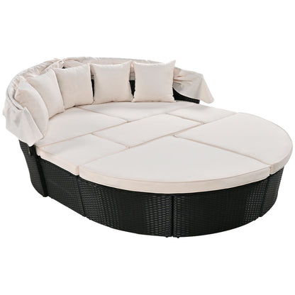 GO Outdoor Rattan Daybed Sunbed With Retractable Canopy Wicker Furniture, Round Outdoor Sectional So