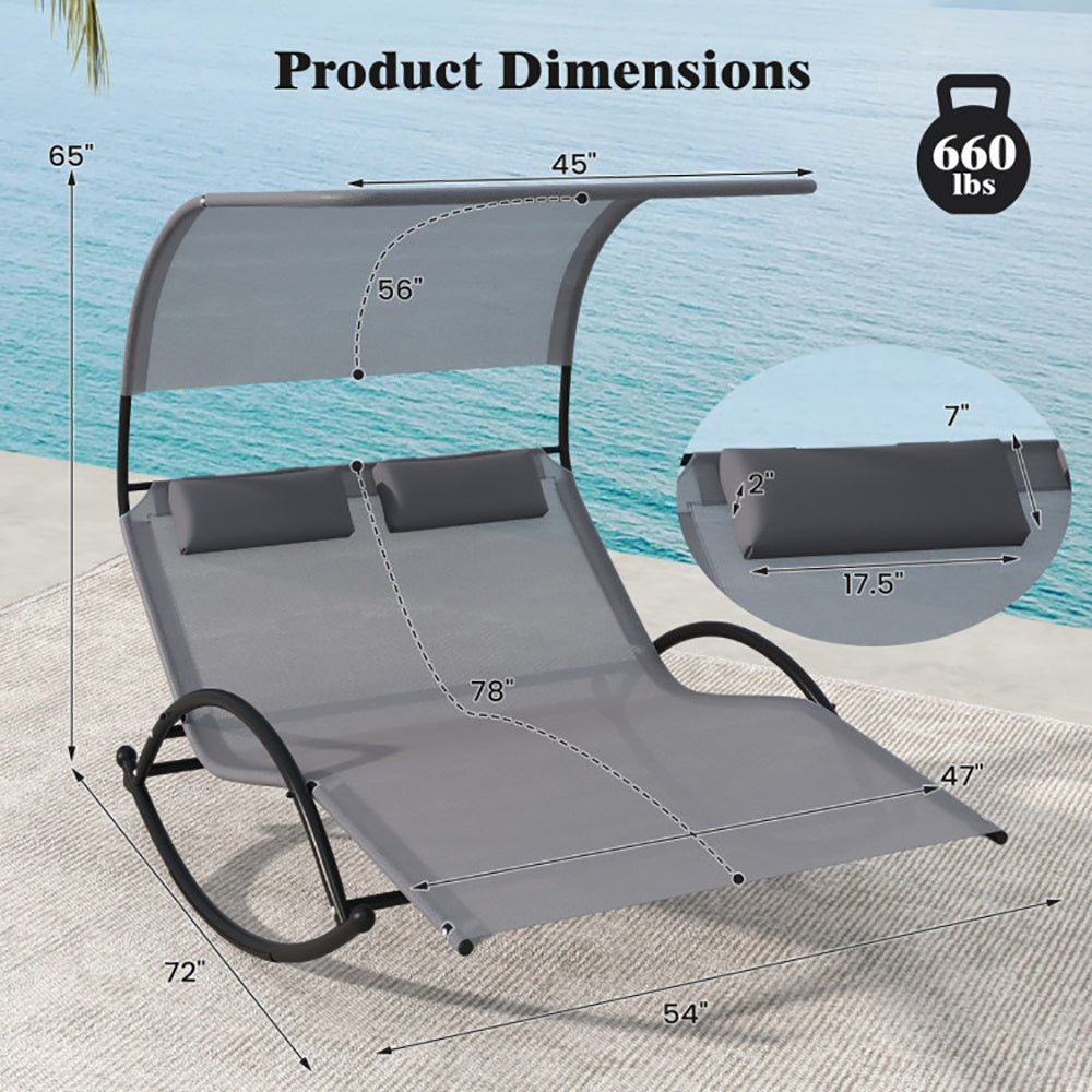 Outdoor Dual Rocker Sunbed 2-Person Canopied Patio Lounger With Detachable Headrests
