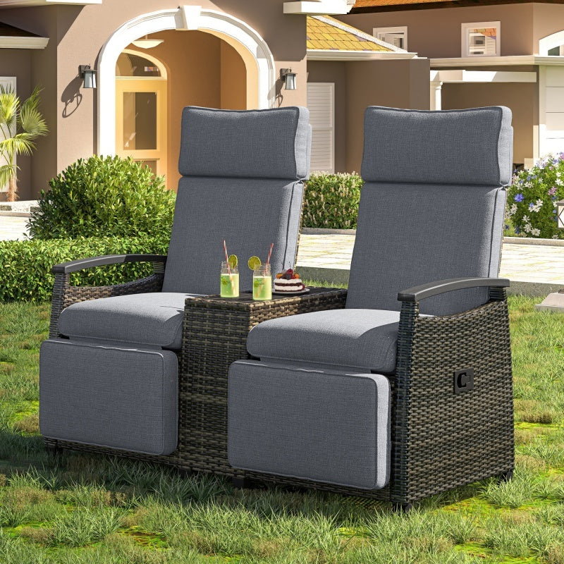 Terrace Lounge Chair Double Sofa, Adjustable Backrest Willow Outdoor Leisure Chair Set, Equipped With Acacia Wood Armrests And Built-in Storage Table, Gray.