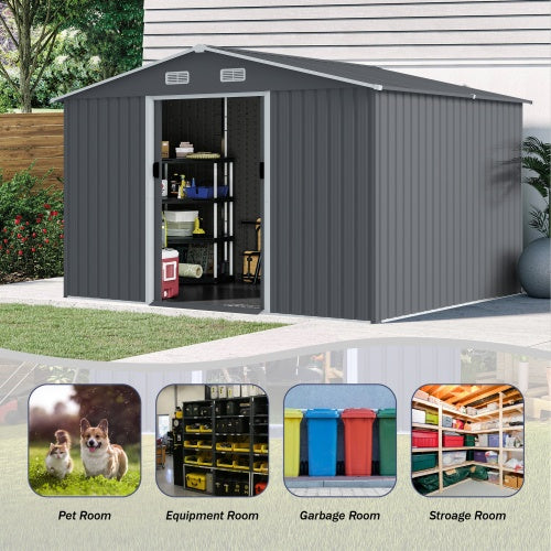 Outdoor Storage Shed 8 X 10 FT Large Metal Tool Sheds Heavy Duty Storage House With Sliding Doors With Air Vent For Patio Lawn To Store Bikes Tools, Lawnmowers Grey