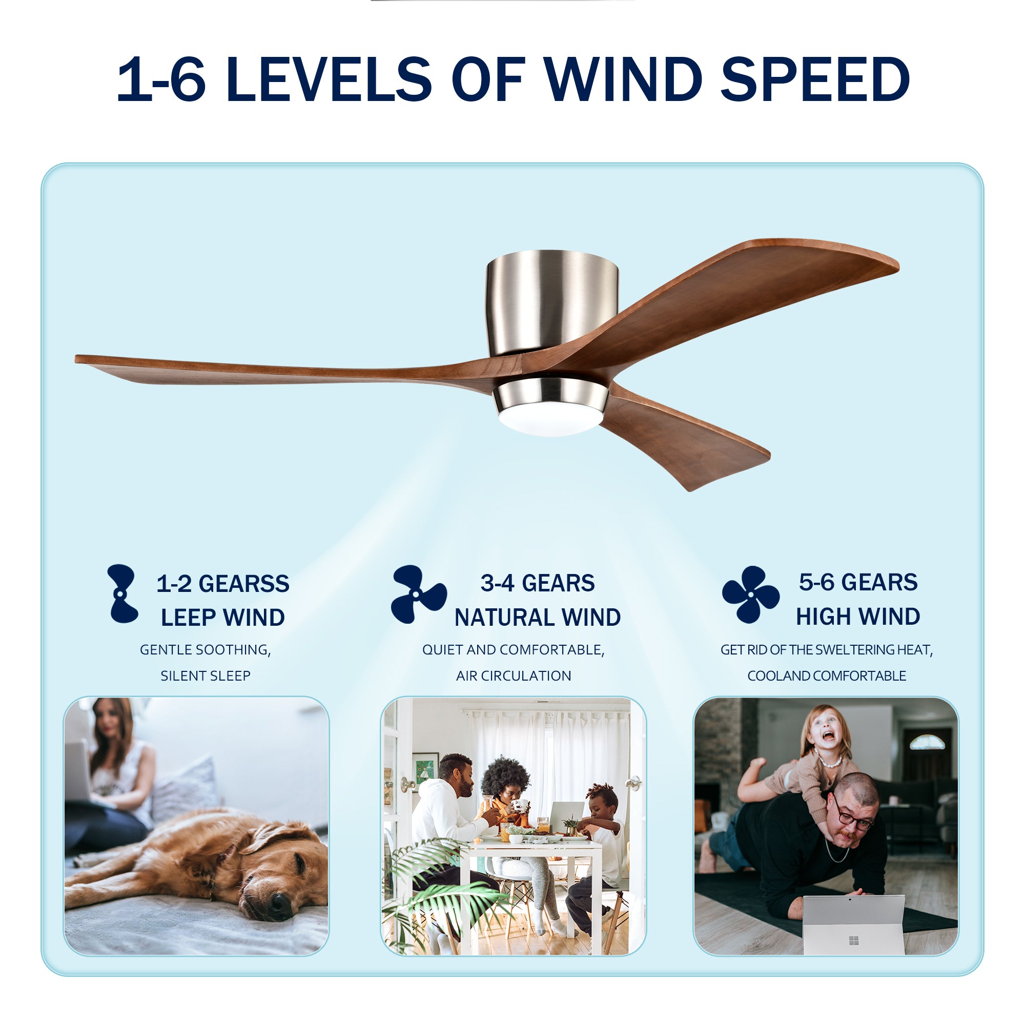 Ceiling Fan With Lights Remote Control, Quiet DC Motor 3 Wood Blade Ceiling Fans 6 Speed Levels, Reversible Ceiling Fan, For Patio Living Room, Bedroom, Office, Indoor. Stain Nickel Walnut